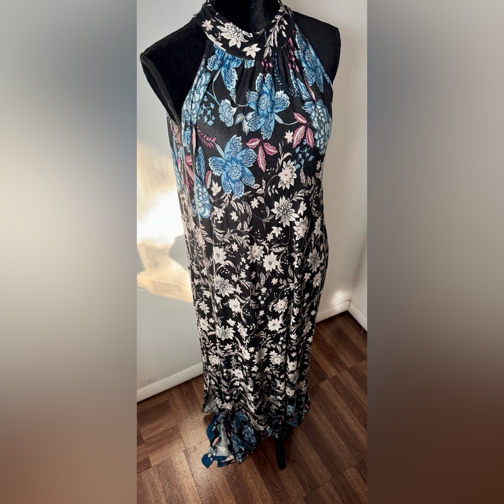 Mai Soli Mock Neck Floral Maxi Dress Made in USA Side Slit Key Hole Closer Sm - Picture 9 of 12